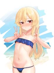 Rule 34 | 1girl, absurdres, armpits, bikini, blonde hair, blue bikini, blush, breasts, cameltoe, cleft of venus, closed mouth, collarbone, double v, embarrassed, frilled bikini top, girls&#039; frontline, hair between eyes, hands up, heart, heart in eye, highres, light leave, long hair, looking at viewer, nagant revolver (girls&#039; frontline), navel, petite, red eyes, ribs, skindentation, small breasts, solo, swimsuit, symbol in eye, v