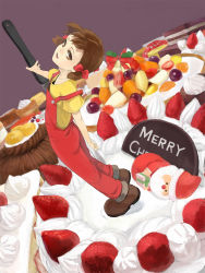 Rule 34 | 1girl, brown eyes, brown hair, cake, christmas, english text, food, fruit, fujiya, highres, kuroko (piii), looking at viewer, mascot, open mouth, overalls, peko-chan, short hair, short twintails, smile, solo, standing, strawberry, tongue, twintails