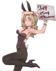Rule 34 | 1girl, ;o, abaratani kurou, alternate costume, animal ears, armpits, arms up, between breasts, black footwear, black leotard, black pantyhose, blonde hair, blue eyes, boots, breasts, cleavage, collar, cowboy shot, dated, detached collar, dutch angle, fake animal ears, fake tail, from side, girls und panzer, hair intakes, high heel boots, high heels, highres, holding, kay (girls und panzer), legs, leotard, long hair, looking at viewer, medium breasts, necktie, one eye closed, pantyhose, parted lips, playboy bunny, puckered lips, rabbit ears, rabbit tail, red hair, solo, standing, standing on one leg, strapless, strapless leotard, tail, twitter username, white collar, wrist cuffs