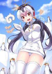 Rule 34 | 10s, 1girl, animal, bird, black hair, blush, breasts, character name, cloud, day, headphones, highres, ice block, jacket, japari symbol, kemono friends, long hair, looking at viewer, multicolored hair, open mouth, penguin, red eyes, royal penguin (kemono friends), shibi, signature, sky, small breasts, smile, thighhighs, turtleneck, twintails, twitter username, white hair, white thighhighs