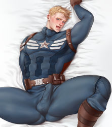 Rule 34 | 1boy, abs, bara, blonde hair, bulge, captain america, erection, erection under clothes, highres, looking at viewer, male focus, muscular, mxsxe, naughty face, penis, solo, tagme, yaoi