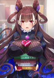 Rule 34 | 1girl, :o, blurry, blurry background, book, book stack, bookshelf, box, breast rest, breasts, brown hair, carried breast rest, carrying, commentary request, cone hair bun, curly hair, double bun, eyes visible through hair, fate/grand order, fate (series), gem, hair between eyes, hair bun, hair ornament, heart-shaped box, juliet sleeves, large breasts, light particles, long hair, long sleeves, looking at viewer, murasaki shikibu (fate), nakajima yuka, object on breast, puffy sleeves, red eyes, solo, two side up, valentine