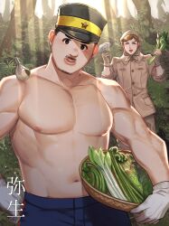 Rule 34 | 2boys, absurdres, animal, animal on shoulder, bara, bird, bird on shoulder, blush, chest hair, edogai yasaku, facial hair, food, goatee, golden kamuy, hat, highres, holding, holding food, holding vegetable, imperial japanese army, kazuo maeyama, kepi, large pectorals, looking at viewer, male focus, military hat, multiple boys, muscular, muscular male, mustache, nipples, pectorals, reman kamuy, short hair, smile, solo focus, stomach, sunlight, thick eyebrows, thick lips, topless male, vegetable