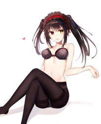 Rule 34 | 1girl, bare arms, bare shoulders, black bra, black panties, black pantyhose, blush, bra, breasts, clock eyes, collarbone, commentary request, date a live, feet out of frame, headdress, heart, heterochromia, long hair, looking at viewer, medium breasts, navel, panties, pantyhose, parted lips, red eyes, simple background, solo, symbol-shaped pupils, tokisaki kurumi, twintails, underwear, underwear only, white background, yellow eyes, zhiyou ruozhe