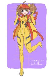 1girl ahoge bodysuit breasts brown_hair crossover hat highres imadake_dabuchi_tabemi looking_at_viewer mcdonald&#039;s mecha_pilot_suit michi_kuso multicolored_bodysuit multicolored_clothes neon_genesis_evangelion open_mouth plugsuit red_hat science_fiction shirt smile solo twintails visor_cap