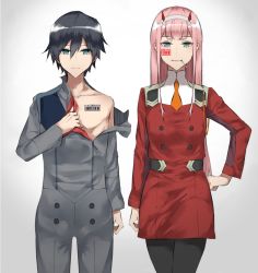 Rule 34 | 10s, 1boy, 1girl, barcode, barcode tattoo, black hair, black pantyhose, blue eyes, candy, collarbone, couple, darling in the franxx, eyes visible through hair, food, green eyes, hair between eyes, hair ornament, hairband, hand on own hip, hiro (darling in the franxx), horns, in mouth, kaz (kaazzz0416), lineup, lollipop, long hair, looking at viewer, military, military uniform, necktie, oni horns, orange neckwear, pantyhose, pink hair, red horns, red neckwear, short hair, tattoo, uniform, white hairband, zero two (darling in the franxx)