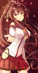Rule 34 | 10s, 1girl, bare shoulders, breasts, brown eyes, brown hair, cherry blossoms, cowboy shot, detached sleeves, foreshortening, headgear, highres, hip vent, kantai collection, large breasts, long hair, long sleeves, looking at viewer, matching hair/eyes, miniskirt, parted lips, ponytail, reaching, reaching towards viewer, red skirt, ryokucha manma, sidelocks, skirt, smile, solo, very long hair, yamato (kancolle)