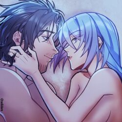 Rule 34 | 1boy, 1girl, artist name, beach, beard, biceps, black hair, braid, breasts, clive rosfield, completely nude, couple, eye contact, facial hair, final fantasy, final fantasy xvi, from side, grey hair, hair ribbon, hand on another&#039;s head, highres, imminent kiss, jill warrick, long hair, looking at another, medium breasts, nude, ribbon, seilidare, smile