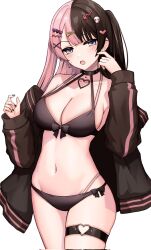 Rule 34 | 1girl, :o, bare shoulders, bikini, black choker, black jacket, blush, breasts, brown hair, choker, cleavage, commentary request, cowboy shot, hair ornament, hairclip, highres, jacket, kushinaka, large breasts, long sleeves, looking at viewer, multicolored hair, navel, open clothes, open jacket, open mouth, pink hair, side-tie bikini bottom, simple background, solo, split-color hair, standing, stomach, swimsuit, tachibana hinano (vtuber), thigh strap, thighs, virtual youtuber, vspo!, white background
