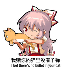 Rule 34 | 1girl, bow, cat, chinese commentary, chinese text, commentary request, english text, fujiwara no mokou, hair between eyes, hair bow, jokanhiyou, long hair, lowres, meme, one eye closed, red eyes, shirt, short sleeves, silver hair, solo, suspenders, touhou, translation request, white shirt
