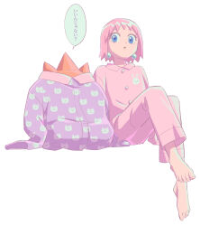 Rule 34 | 1boy, 1girl, animal print, barefoot, beauty (bobobo-bo bo-bobo), blue eyes, bobobo-bo bo-bobo, buttons, cat print, commentary request, don patch, earrings, eyelashes, highres, invisible chair, jewelry, maiko (setllon), oversized clothes, pajamas, parted lips, pink hair, pink pajamas, pink shirt, purple shirt, shirt, short hair, simple background, sitting, speech bubble, toenails, translation request, white background
