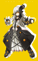 Rule 34 | 1girl, arm up, black dress, black footwear, black gloves, boots, code: exotic (elsword), dress, elsword, eve (elsword), expressionless, forehead jewel, full body, gloves, highres, long hair, moby (elsword), official art, remy (elsword), ress, simple background, solo, white hair, yellow background, yellow eyes