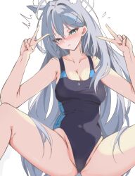 1girl ^^^ animal_ear_fluff animal_ears black_one-piece_swimsuit blue_archive blue_eyes breasts competition_swimsuit covered_navel cross_hair_ornament extra_ears grey_hair hair_ornament halo highres large_breasts long_hair mismatched_pupils multicolored_clothes multicolored_swimsuit official_alternate_costume one-piece_swimsuit shiroko_(blue_archive) shiroko_(swimsuit)_(blue_archive) shiroko_terror_(blue_archive) simple_background sitting solo spread_legs suketoudara_(suketodara) swimsuit very_long_hair white_background wolf_ears