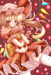 Rule 34 | 1girl, blonde hair, blouse, female focus, flandre scarlet, haru ion, hat, mob cap, navel, red background, red eyes, red theme, red wrist cuffs, shirt, side ponytail, skirt, solo, symbol-shaped pupils, thighhighs, touhou, white hat, white shirt, white thighhighs, wings, wrist cuffs