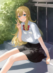 Rule 34 | 1girl, arm support, black skirt, blonde hair, blouse, blue eyes, bow, bowtie, breasts, claire lamund (nhaliz), collared shirt, dress shirt, green nails, grin, highres, large breasts, long hair, looking at viewer, miniskirt, mole, mole above eye, nail polish, nhaliz, original, pleated skirt, red bow, red bowtie, shirt, shirt tucked in, short sleeves, sidelocks, sitting, skirt, smile, stairs, uniform, v, white shirt