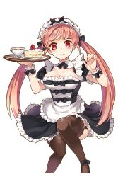 Rule 34 | 1girl, 3:, apron, black bow, black skirt, bow, breasts, brown hair, brown thighhighs, cake, cake slice, cleavage, cup, food, fork, garter straps, gl ztoh, hair bow, highres, holding, holding tray, large breasts, long hair, looking at viewer, maid, maid apron, maid headdress, official art, red eyes, sha (soccer spirits), skirt, soccer spirits, solo, spoon, sweatdrop, teacup, thighhighs, transparent background, tray, twintails, wavy mouth, wrist cuffs