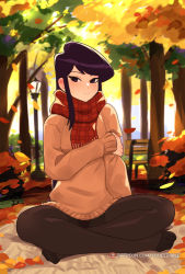 Rule 34 | 1girl, artist name, autumn, bench, black eyes, black hair, black pantyhose, commentary, day, english commentary, full body, indian style, komi-san wa komyushou desu, komi shouko, lamppost, long hair, long sleeves, looking at viewer, outdoors, paid reward available, pantyhose, patreon username, plaid, plaid scarf, red scarf, scarf, sitting, smile, solo, squeezable (squeezabledraws), sweater, tree, watermark