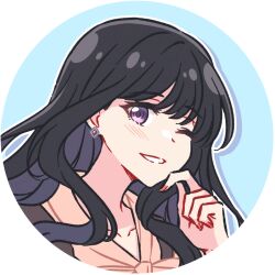 Rule 34 | 1girl, akamirai, black hair, circle, earrings, grin, hand on own chin, inoue takina, jewelry, long hair, looking at viewer, lycoris recoil, one eye closed, portrait, purple eyes, single earring, smile, transparent