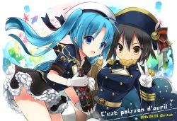 Rule 34 | 2girls, alcohol, bag, black hair, blue eyes, blue hair, bottle, breasts, dated, epaulettes, food in mouth, french text, frilled skirt, frills, gloves, hat, hatsune miku, kamiyoshi rika, military, military hat, military uniform, mouth hold, multiple girls, open mouth, original, ribbon, sailor hat, short shorts, shorts, skirt, smile, sparkle, thighhighs, twintails, twitter username, uniform, v, white gloves, wine, wine bottle, yellow eyes, zettai ryouiki