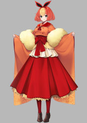 Rule 34 | 1girl, blonde hair, bob cut, bow, breasts, creatures (company), crop top, crop top overhang, dress, flareon, full body, game freak, gen 1 pokemon, green eyes, grey background, hair ribbon, highres, lace, lace-trimmed dress, lace trim, layered clothes, long sleeves, looking at viewer, merlusa, multicolored hair, nintendo, orange hair, outstretched arm, pantyhose, personification, pinching sleeves, pokemon, red bow, red dress, red neckwear, red pantyhose, ribbon, sailor collar, shawl, shoes, short hair, simple background, smile, solo, standing, streaked hair, wide sleeves