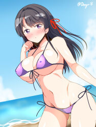 Rule 34 | 1girl, bare arms, bare legs, beach, bikini, black hair, blue sky, blush, breasts, cleavage, collarbone, commentary request, covered erect nipples, day, deego (omochi bazooka), hair ribbon, highres, horizon, large breasts, long hair, looking at viewer, navel, ocean, open mouth, original, outdoors, purple bikini, purple eyes, ribbon, side-tie bikini bottom, signature, sky, solo, standing, stomach, swimsuit, underboob, yura kanade