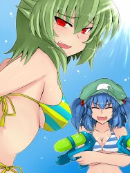 Rule 34 | 2girls, bad id, bad pixiv id, bare shoulders, bikini, blue hair, breasts, cleavage, closed eyes, dual wielding, fang, female focus, green hair, hair bobbles, hair ornament, hat, highres, holding, kawashiro nitori, kazami yuuka, large breasts, looking back, meicha, multiple girls, red eyes, side-tie bikini bottom, sideboob, simple background, smile, strap gap, striped bikini, striped clothes, swimsuit, touhou, twintails, two side up, underboob, upper body, water gun
