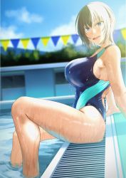 Rule 34 | 1girl, absurdres, arms behind back, bare shoulders, black bean, blue eyes, blue sky, breasts, brown hair, competition swimsuit, hair between eyes, highres, large breasts, looking at viewer, one-piece swimsuit, open mouth, original, partially submerged, pool, short hair, sitting, sky, swimsuit, thighs, tree, water, wet