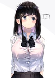 Rule 34 | ..., 1girl, :&lt;, absurdres, black bow, black hair, black skirt, blue eyes, blush, bow, bra, breasts, button gap, closed mouth, collarbone, commentary request, dress shirt, grey background, hair ornament, hairclip, highres, looking away, looking to the side, medium breasts, multicolored hair, original, pink hair, pleated skirt, ranf, red bra, school uniform, see-through, shirt, short sleeves, skirt, solo, spoken ellipsis, sweat, two-tone background, two-tone hair, underwear, white background, white shirt