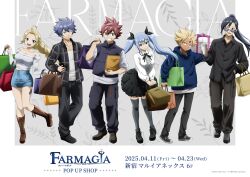 2girls 4boys anzar_(farmagia) arche_(farmagia) bare_shoulders black_hair blonde_hair blue_hair boots braid braided_ponytail breasts chica_(farmagia) collarbone emero_(farmagia) farmagia glasses large_breasts leii_(farmagia) long_hair multiple_boys multiple_girls official_art open_mouth red_hair skirt smile ten_(farmagia) thighhighs twintails