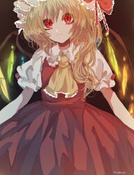Rule 34 | 1girl, absurdres, artist name, ascot, blonde hair, brown bag, closed mouth, cowboy shot, crystal, flandre scarlet, frilled ascot, frilled shirt collar, frills, glowing, glowing wings, hair between eyes, hat, head tilt, highres, hina (meru-yagami), long hair, looking at viewer, mob cap, multicolored wings, puffy short sleeves, puffy sleeves, red eyes, red skirt, red vest, shirt, short sleeves, simple background, skirt, skirt set, solo, touhou, vest, white hat, white shirt, wings, yellow ascot