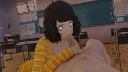 Rule 34 | 1boy, 1girl, 20s, 3d, animated, animated gif, atlus, blender (medium), blue eyes, book, brown hair, bulletin board, chalkboard, classroom, clothed female nude male, desk, dutch angle, eh, erection, fellatio, green eyes, hetero, holding, hypno eyes, hypnosis, indoors, interior, kawakami sadayo, lamp, long sleeves, looking at viewer, looping animation, lying, megami tensei, mind control, multicolored eyes, nude, on back, oral, penis, penis grab, persona, persona 5, pov, ringed eyes, school, shin megami tensei, shirt, short hair, solo focus, striped clothes, striped shirt, submission, teacher, uncensored, white eyes, yellow eyes, yellow shirt
