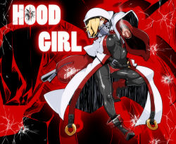 Rule 34 | 1girl, aiming, aiming at viewer, belt, black thighhighs, blonde hair, bodysuit, breasts, bullet hole, character name, covered mouth, foreshortening, full body, gun, hood, hooded jacket, jacket, kamen no hito, large breasts, looking at viewer, navel, open clothes, open jacket, original, panties, pointing, pointing at viewer, red eyes, red panties, short hair, smoke, smoking barrel, solo, thighhighs, underwear, weapon, white hood, zipper