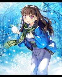 Rule 34 | 1girl, :3, absurdres, blush, brown hair, flower, fringe trim, gendo0032, gendo0033, green scarf, hair ornament, hairpin, haori, highres, japanese clothes, kimono, leaf, leaning forward, letterboxed, long hair, long sleeves, looking at viewer, open mouth, original, plaid, plaid scarf, purple eyes, rabbit, sash, scarf, smile, snow, snow rabbit, snowball, snowflakes, snowing, solo, standing, tree, winter