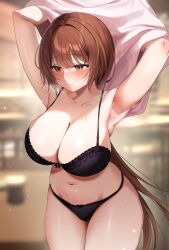 Rule 34 | 1girl, absurdres, armpits, arms behind head, arms up, averting eyes, bare shoulders, black bra, blurry, blurry background, blush, bra, breasts, brown eyes, brown hair, cleavage, closed mouth, collarbone, cowboy shot, front-tie bra, front-tie top, heavy breathing, highres, lace, lace-trimmed bra, lace-trimmed panties, lace trim, large breasts, lingerie, long hair, low ponytail, navel, nose blush, original, panties, shant 07, solo, standing, stomach, string bra, thighs, underwear, undressing, very long hair