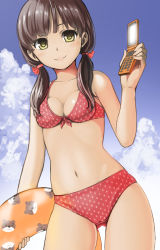 Rule 34 | 1girl, bad id, bad pixiv id, bikini, blush, breasts, cellphone, flip phone, innertube, looking at viewer, low twintails, original, phone, small breasts, smile, solo, swim ring, swimsuit, twintails, yoropa
