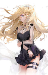 Rule 34 | 1girl, black dress, blonde hair, blue eyes, breasts, dema hmw, dress, earrings, floating hair, highres, hololive, hololive english, jewelry, long hair, medium breasts, mole, mole on breast, official alternate costume, see-through, see-through dress, simple background, solo, thigh strap, very long hair, virtual youtuber, watson amelia, watson amelia (party dress), white background