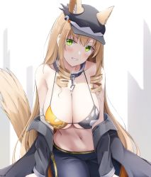 Rule 34 | 1girl, animal ear fluff, animal ears, baseball cap, black hat, black jacket, black pants, blonde hair, breasts, cleavage, collar, collarbone, commentary request, cosplay, fn-49 (girls&#039; frontline), girls&#039; frontline, green eyes, grin, hat, highres, jacket, keenh, large breasts, leaning forward, long hair, looking at viewer, mg3 (open your eyes it&#039;s full moon) (girls&#039; frontline), navel, pants, simple background, smile, solo, stomach, tail, teeth, v-shaped eyebrows, white background, wolf ears, wolf girl, wolf tail
