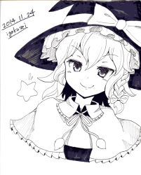 Rule 34 | 1girl, bow, dated, greyscale, hat, igayan, kirisame marisa, long hair, looking at viewer, monochrome, simple background, smile, solo, star (symbol), touhou, upper body, white background, witch hat