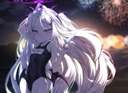 Rule 34 | 1girl, :/, absurdres, aerial fireworks, ahoge, backlighting, blue archive, blurry, blush, bokeh, cowboy shot, demon horns, demon wings, depth of field, deuljjugnaljjug, fireworks, flat chest, floating hair, food, hair ornament, hairclip, halo, hand in own hair, highres, hina (blue archive), hina (swimsuit) (blue archive), holding, holding food, horns, long hair, looking at viewer, low wings, melting, name tag, night, official alternate costume, old school swimsuit, one-piece swimsuit, outdoors, parted bangs, popsicle, purple eyes, school swimsuit, sky, solo, swimsuit, very long hair, white hair, wings
