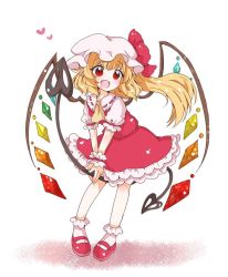 Rule 34 | 1girl, :d, ascot, blonde hair, blush, bobby socks, commentary request, crystal, fang, flandre scarlet, full body, hat, heart, holding, holding weapon, laevatein (touhou), mary janes, mob cap, one side up, open mouth, puffy short sleeves, puffy sleeves, red eyes, red footwear, red skirt, red vest, shoes, short sleeves, simple background, skirt, smile, socks, solo, standing, tanikake yoku, touhou, vest, weapon, white background, white hat, white socks, wings, yellow ascot