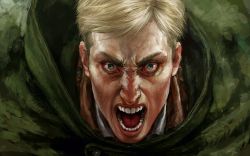 Rule 34 | 1boy, blonde hair, blue eyes, cape, creepy, duexduex, erwin smith, furrowed brow, green cape, looking at viewer, male focus, manly, open mouth, portrait, realistic, shingeki no kyojin, shouting, solo, swept bangs, teeth, tongue