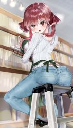 Rule 34 | 1girl, apron, artist request, ass, blush, bookshelf, breast press, breasts, butt crack, casual, denim, embarrassed, from behind, hair ribbon, heterochromia, highres, hololive, houshou marine, huge ass, jeans, ladder, large breasts, long hair, looking at viewer, open mouth, orange eyes, pants, red eyes, red hair, ribbon, shadow, shiny clothes, shiny skin, sitting, solo, stepladder, sweatdrop, twintails, virtual youtuber