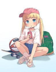 Rule 34 | 1girl, :o, bag, ball, baseball cap, basketball, basketball (object), blonde hair, blue eyes, blunt bangs, blush, can, casual, coca-cola, denim, denim shorts, fashion, full body, haaam, hat, looking at viewer, open mouth, original, pink hat, shirt, shoelaces, shoes, short shorts, shorts, simple background, sitting, skateboard, socks, solo, twintails, white background, white shirt