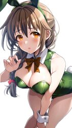 Rule 34 | 1girl, absurdres, animal ears, bare shoulders, blurry, blurry foreground, blush, bow, bowtie, braid, breasts, brown hair, cleavage, commentary request, fake animal ears, fake tail, green leotard, hand up, highres, idolmaster, idolmaster cinderella girls, idolmaster cinderella girls starlight stage, large breasts, leaning forward, leotard, long hair, looking at viewer, low-braided long hair, low-tied long hair, open mouth, orange eyes, playboy bunny, popon ta, rabbit ears, rabbit tail, red bow, red bowtie, senkawa chihiro, simple background, single braid, single wrist cuff, sleeveless, solo, tail, white background, white wrist cuffs, wrist cuffs