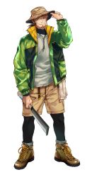 Rule 34 | 1boy, adjusting clothes, adjusting headwear, alternate costume, brown hair, brown shorts, casual, facial hair, fate/grand order, fate (series), full body, goatee, green jacket, hat, hector (fate), highres, imoda, jacket, leggings, male focus, mature male, medium hair, open clothes, open jacket, ponytail, shirt, shoes, shorts, socks, solo, white shirt