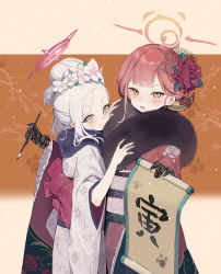 Rule 34 | 2girls, aru (blue archive), aru (new year) (blue archive), blue archive, calligraphy brush, flower, fur trim, hair flower, hair ornament, highres, hug, japanese clothes, kimono, looking at viewer, majiang, multiple girls, mutsuki (blue archive), mutsuki (new year) (blue archive), open mouth, orange eyes, paintbrush, parted lips, purple eyes, red hair, upper body, white hair