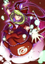 Rule 34 | 1girl, absurdres, arm ribbon, bow, breasts, colored eyelashes, danmaku, dress, female focus, frills, from above, front ponytail, glowing, glowing eye, green eyes, green hair, hair bow, hair ornament, hair ribbon, highres, kagiyama hina, large breasts, light particles, matching hair/eyes, one eye closed, outstretched arms, outstretched hand, ribbon, short hair, solo, spread arms, taketora suzume, touhou, wink