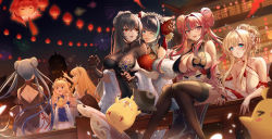 Rule 34 | 6+girls, absurdres, alternate costume, alternate hair color, alternate hairstyle, architecture, artist request, azur lane, backless outfit, bare shoulders, black dress, blunt bangs, blush, breasts, bremerton (azur lane), bremerton (kung fu cruiser) (azur lane), cheshire (azur lane), chibi, chibi inset, china dress, chinese clothes, chinese new year, cleavage, cleavage cutout, clothes lift, clothing cutout, detached sleeves, double bun, dress, east asian architecture, essex (azur lane), essex (brush and ink) (azur lane), facing away, fireworks, flower, glorious (azur lane), glorious (pungent plum) (azur lane), grabbing, grabbing another&#039;s breast, grey hair, hair between eyes, hair bun, hair flower, hair ornament, halter dress, halterneck, hat, high collar, highres, huge breasts, lantern, large breasts, long hair, looking at another, looking at viewer, looking to the side, manjuu (azur lane), mole, mole under eye, multicolored hair, multiple girls, night, night sky, no bra, official alternate costume, pink eyes, pink hair, queen elizabeth (azur lane), queen elizabeth (crown jewel of the royal navy) (azur lane), saint-louis (alluring administrator) (azur lane), saint-louis (azur lane), san diego (azur lane), see-through, see-through cleavage, sidelocks, sitting, skirt, skirt lift, sky, sleeveless, streaked hair, thighhighs, twintails, two-tone hair, victorious (azur lane), victorious (guidance of the spring goddess) (azur lane), white legwear