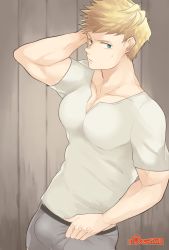 Rule 34 | 1boy, aper, bara, blonde hair, boxer briefs, bulge, closed mouth, granblue fantasy, grey male underwear, hand on own face, highres, large pectorals, looking at viewer, male focus, male underwear, muscular, muscular male, paid reward available, patreon username, pectoral cleavage, pectorals, shirt, short hair, solo, underwear, vane (granblue fantasy), white shirt