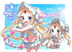 Rule 34 | 1girl, :d, :t, abigail williams (fate), abigail williams (swimsuit foreigner) (fate), abigail williams (swimsuit foreigner) (third ascension) (fate), bare arms, bare legs, bare shoulders, barefoot, bikini, blonde hair, blue eyes, blue headwear, blush, bonnet, bow, chibi, closed mouth, commentary request, fate/grand order, fate (series), hair bow, heart, innertube, jako (jakoo21), keyhole, knees up, looking at viewer, multiple views, navel, open mouth, parted bangs, smile, striped, striped bow, swim ring, swimsuit, translation request, white bikini, white bow